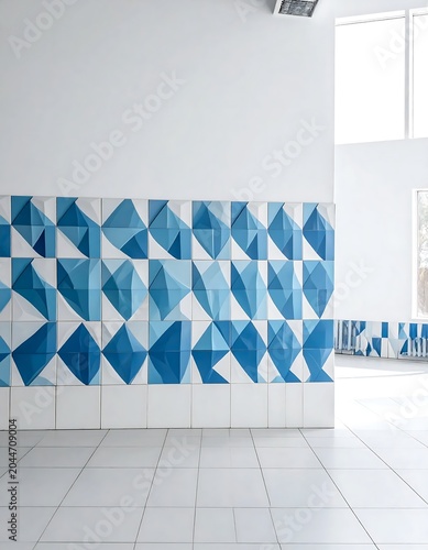 Modern Blue Geometric Tile Wall in Bright Minimal Interior Space