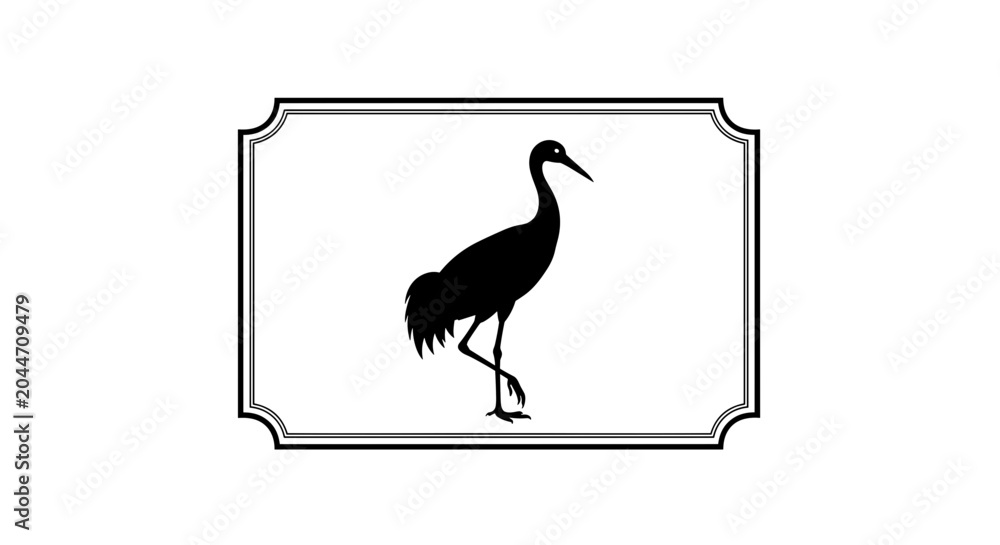 Naklejka premium Silhouette of a crane bird standing elegantly within a decorative frame.