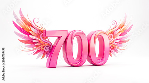 Pink 700 Number with Angel Wings 3D Render – Social Media Milestone, Achievement and Success Celebration Concept