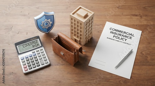 Businessman calculates insurance policy with calculator and documents on desk