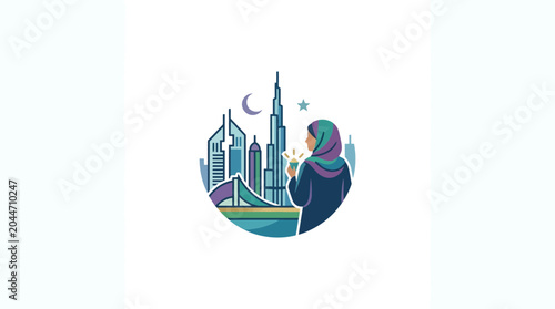 Photos Dubai Cityscape Illustration with Woman in Abaya