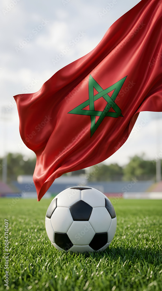 Fototapeta premium Moroccan Flag Waving Above Soccer Ball on Green Grass Field