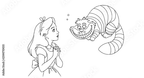 Cuadro en lienzo Alice and Cheshire Cat Outline Drawing - Fairytale Fantasy Illustration