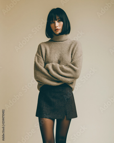 Stylish young woman with black bob haircut wearing cozy beige turtleneck sweater and dark mini skirt against neutral background