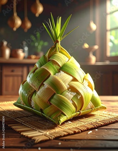 Traditional Woven Rice Dumpling Resting on Bamboo Mat in Sunlit Rustic Kitchen