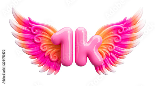 1K Followers Milestone with Pink Angel Wings – Glossy 3D Celebration Symbol Isolated on White Background