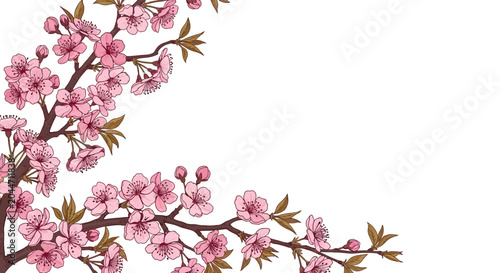 Beautiful pink cherry blossoms on branch.