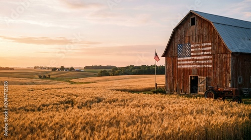 American flag painted on rustic barn with wheat field and tractor at sunset