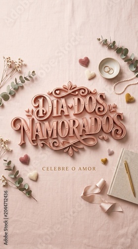 Visão superior de letreiro 3D decorativo “Dia dos Namorados” em composição romântica moderna com estética publicitária elegante