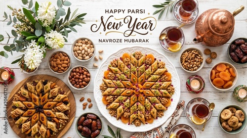 Photos Happy Parsi New Year Navroz Table Setting with Baklava, Nuts, and Tea Illustrati