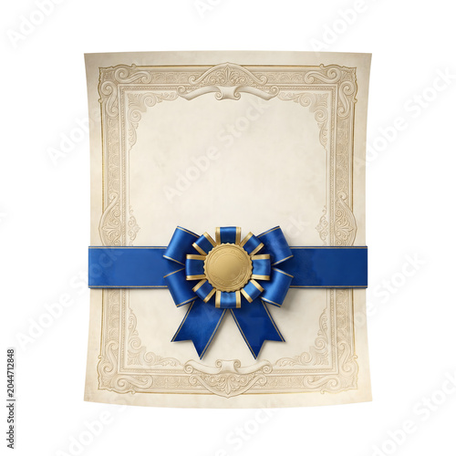 Ornate academic certificate with blue ribbon seal isolated
