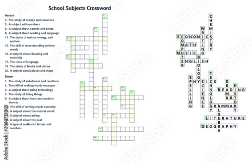 Back to School Subjects Crossword Solution Sheet