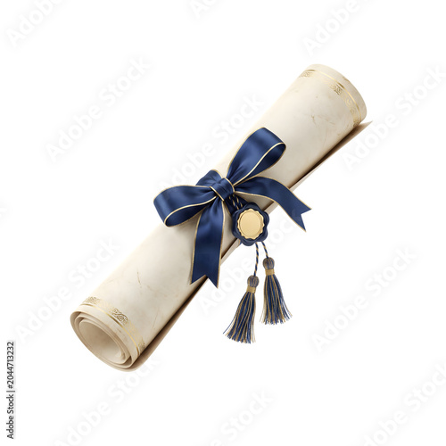Luxury diploma scroll with blue ribbon and seal isolated