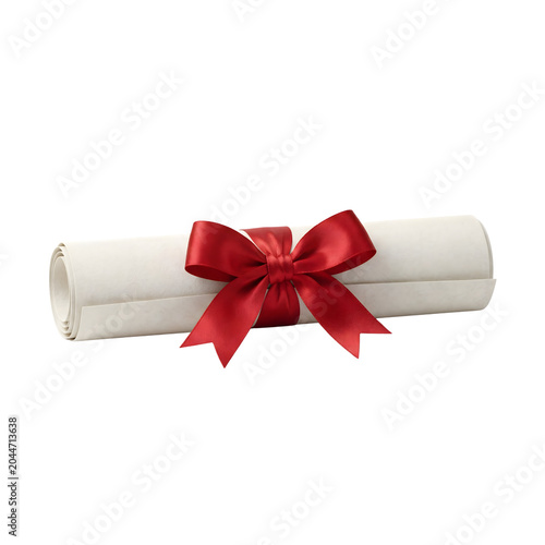 Rolled diploma tied with red ribbon isolated for graduation