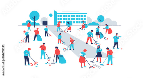 Φωτογραφία Community Cleanup: People Raking Leaves Outside School Building