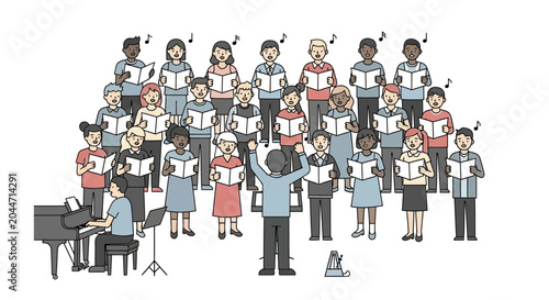 Fotografia Diverse choir singing together, directed by conductor, with pianist