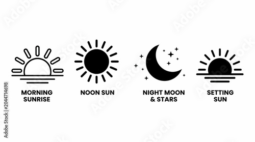Collection of Day and Night Cycle Vector Icons Representing Morning Sunrise Noon Sun Evening Sunset and Night Moon with Stars Symbols Illustrating Diurnal Time Progression and Celestial Signs
