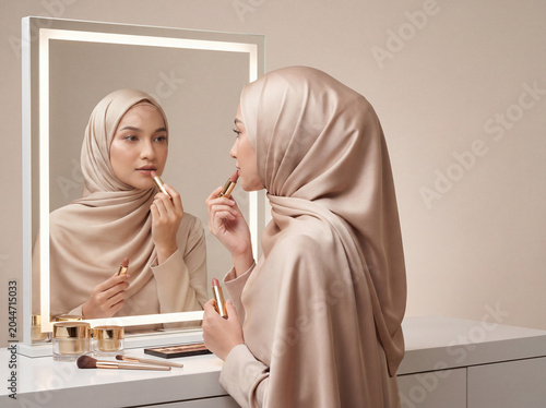 Elegant Muslim woman in silk hijab applying lipstick at vanity mirror with makeup products
