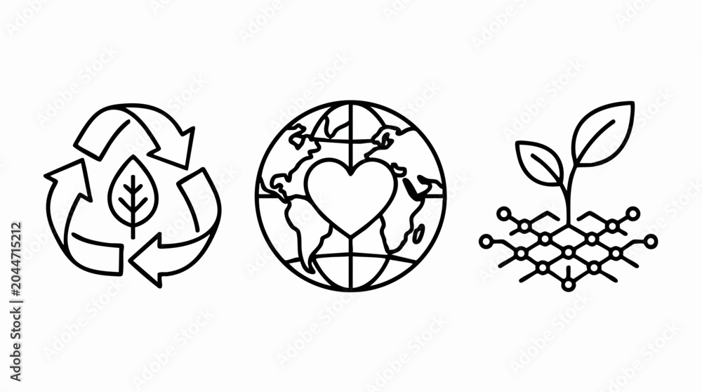 Fototapeta premium Eco-Friendly Icons: A set of three minimalist line art icons representing recycling, global love, and plant growth on a molecular structure, symbolizing sustainability and environmental consciousness.
