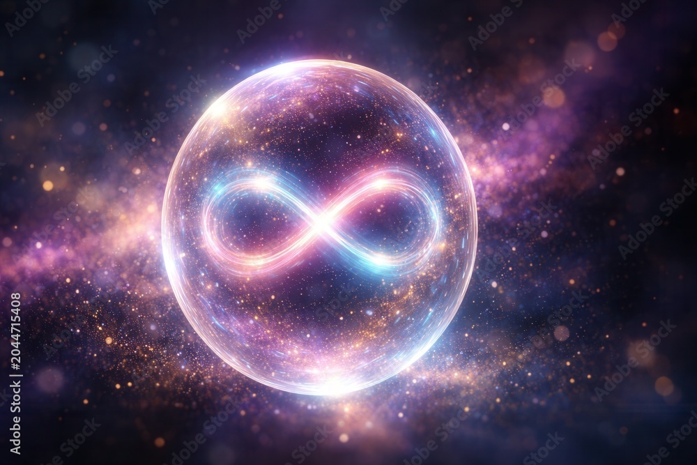 Obraz premium Glowing infinity symbol inside cosmic sphere with sparkling galaxy light and futuristic universe
