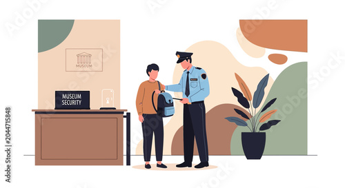 Museum Security Guard Checks Visitor's Bag at Entrance