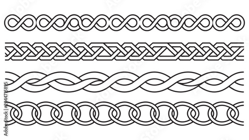 Set of celtic knot decorative borders and braided graphic elements with ornament interlocking monochrome isolated cultural geometric traditional decoration abstract heritage ornamental
