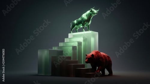 A green bull and a red bear stand on ascending bars symbolizing stock market trends in a dark, minimalist setting.