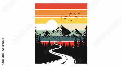 Retro Sunset Mountain Road Trip Vintage Adventure