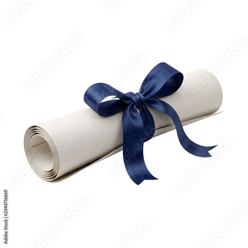 Diploma scroll tied with blue ribbon isolated on transparent background