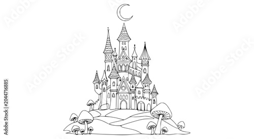 Φωτογραφία Whimsical Castle Illustration with Moon and Mushrooms