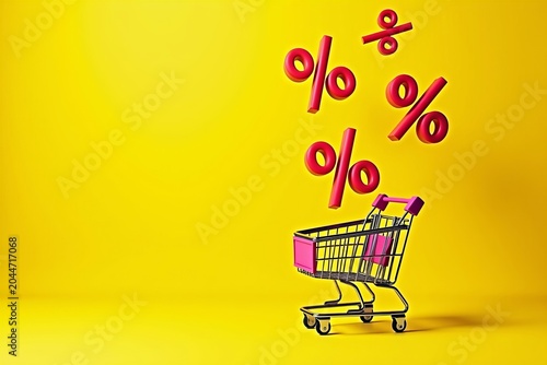 Photo of Sale Percentages Falling into a Shopping Cart on a Bright Yellow Background, Conveying Discounts and Promotions