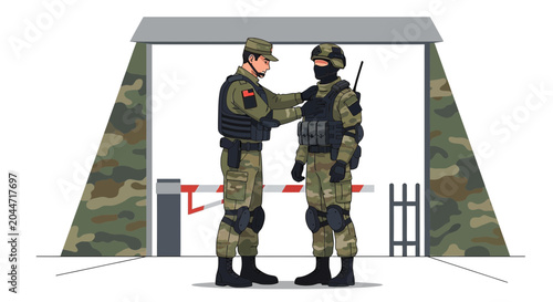 Military checkpoint inspection: soldier checking gear of comrade at gate