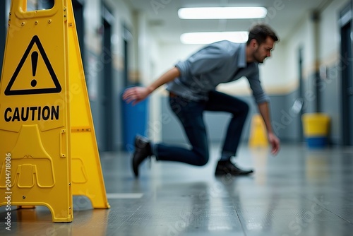 Dangers of Ignoring Safety Precautions: Man Slipping on Wet Floor Next to Caution Sign