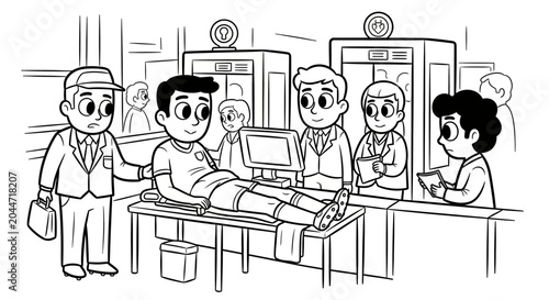 Cartoon medical examination and patient consultation scene indoors.