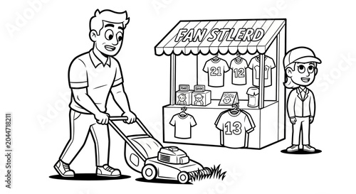 Cartoon man mowing lawn near fan merchandise stand.