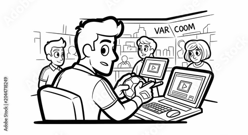 Cartoon man working on laptop in office panic.