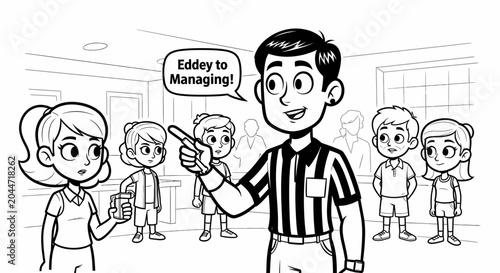 Cartoon Referee Teaching Managing Skills to Children.
