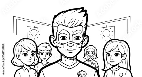 Confident young cartoon character with superhero bandage.
