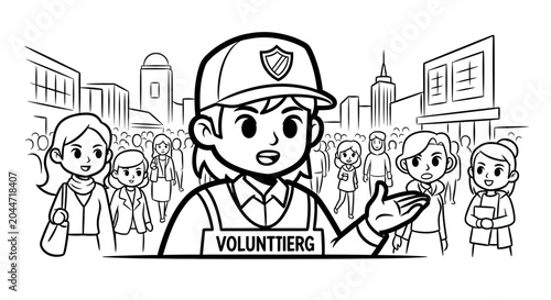 Cartoon Volunteer Worker Explaining to Crowd in City.