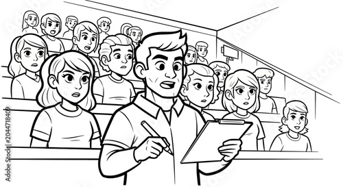 Confident young man presenting to classroom audience effectively.