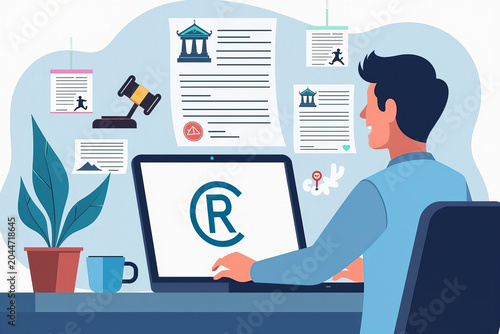 Man Registers Trademark Symbol Online to Protect Logo and Intellectual Property, Surrounded by Legal Documents