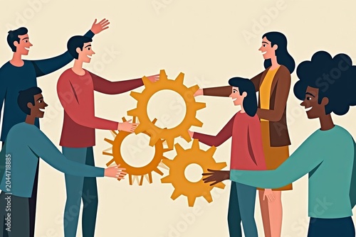 Diverse Group Holding Gear Wheels: Symbolizing a Strong Business Partnership