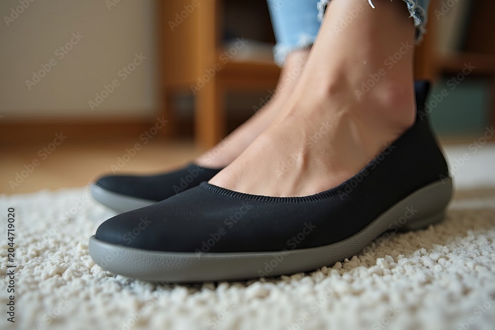 Naklejka premium Close-Up Image of a Smiling Woman in Black Orthopedic Shoes with Arch Support, Emphasizing the Custom Insole and Comfortable Design.