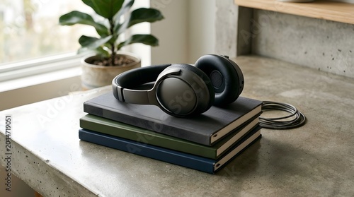 A pair of black headphones sitting on top of a stack of books on a concrete table next to a potted plant