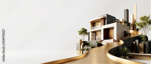 Modern luxury villa with golden driveway 3d render