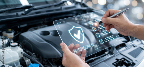 Innovative vehicle security protection system, digital diagnostic interface display, advanced automotive maintenance tech, car insurance safety concept, smart transport inspection software, futuristic