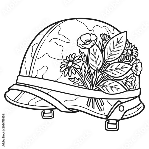 Foto Coloring page illustration of a military helmet decorated with flowers representing peace