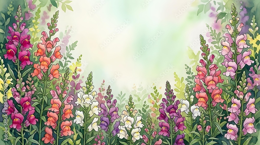 Obraz premium Watercolor snapdragon flowers in pink, purple, orange and white frame a soft green background, perfect for cards and prints.