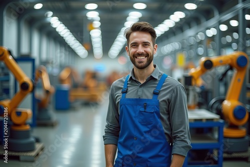 Happy Warehouse Worker Surrounded by High-Tech Car Factory Equipment and Robots