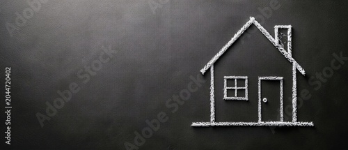 Chalk drawing of small house on chalkboard with copy space
